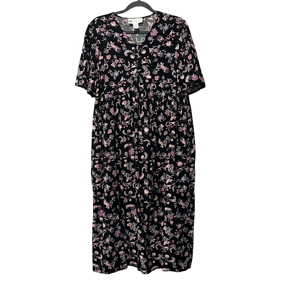 Ella Simone Floral‎ Midi Dress Womens Large Black Pink Babydoll V-Neck Rayon